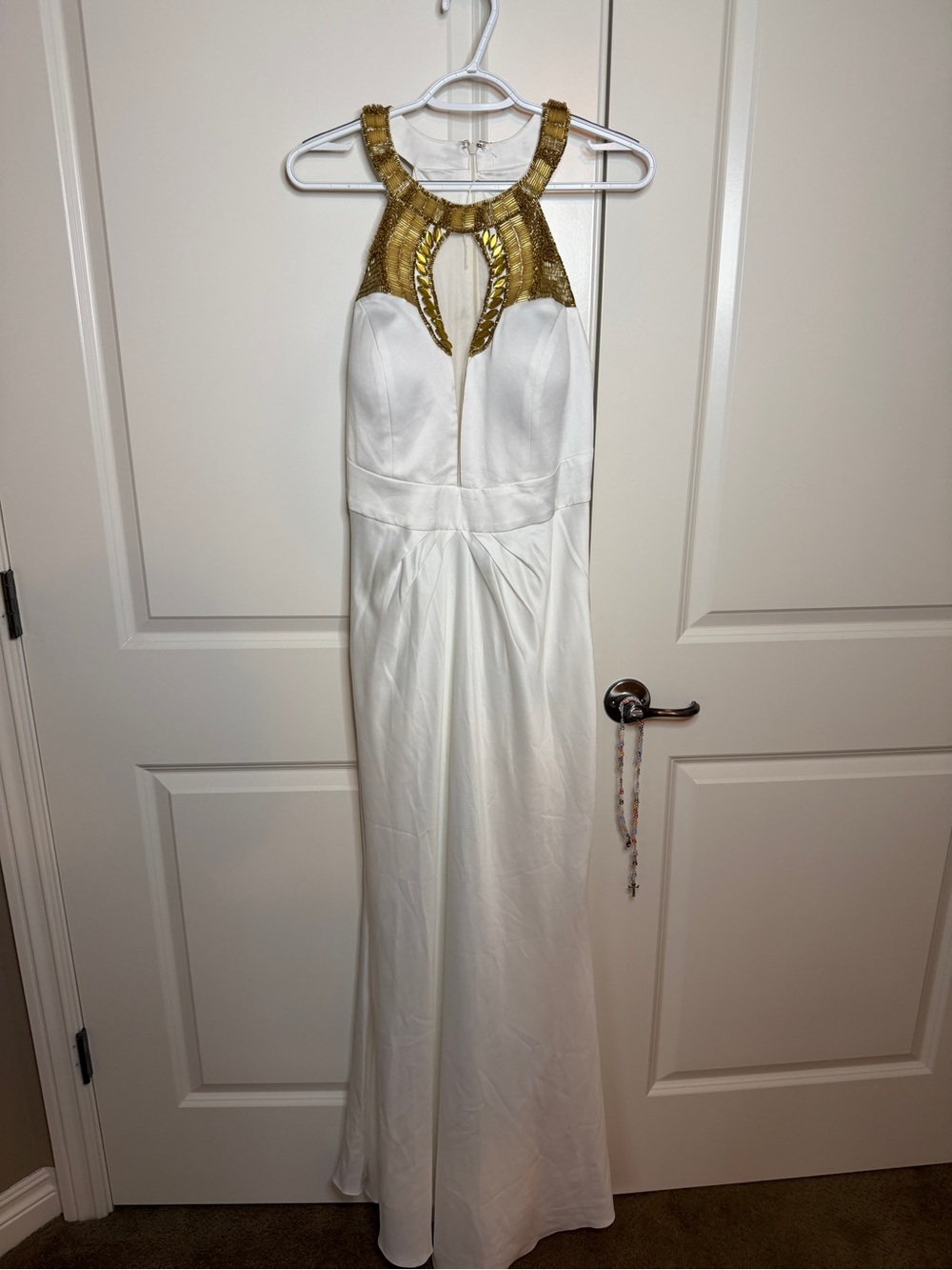 White Satin Evening Gown with Gold Beaded Neckline – Boutique Dress